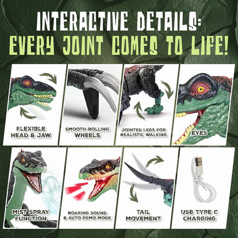 Toy Feast 3-5 5-7 8-12 Remote Control Dinosaur Toy for Kids - RC Dinosaur - Walking Velociraptor Toy with Mist Spray