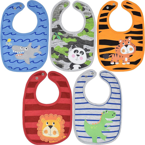 Funstuff Baby Boys 5 Pack Bibs, Lion, Panda, Dinosaur, Tiger, Shark