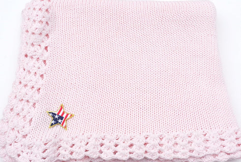 Sanjit Knitted Hand Crochet Finished Pink Cotton Blanket Trimmed with Star Applique