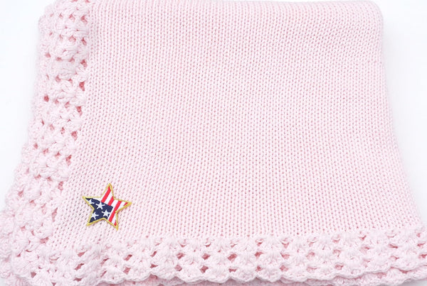 Sanjit Knitted Hand Crochet Finished Pink Cotton Blanket Trimmed with Star Applique