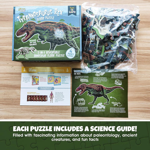 100-Piece 4 Tyrannosaurus Rex Dinosaur Jigsaw Puzzle | Double Sided Floor Puzzle with Glow-in-The-Dark Skeleton On