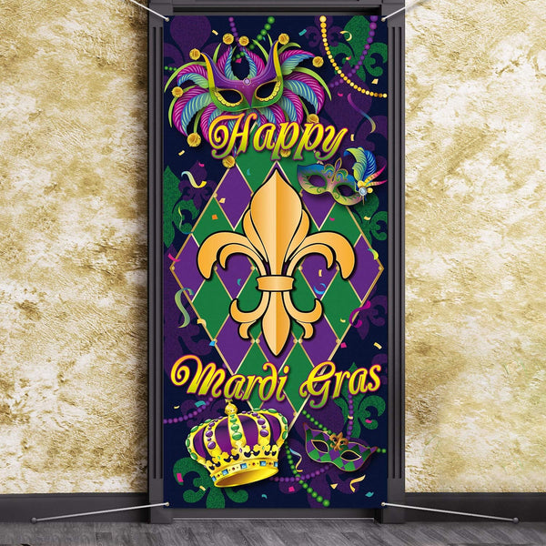 Blulu Mardi Gras Door Cover, New Orleans Carnival Decorative Hanging Welcome Banner Flag for Party