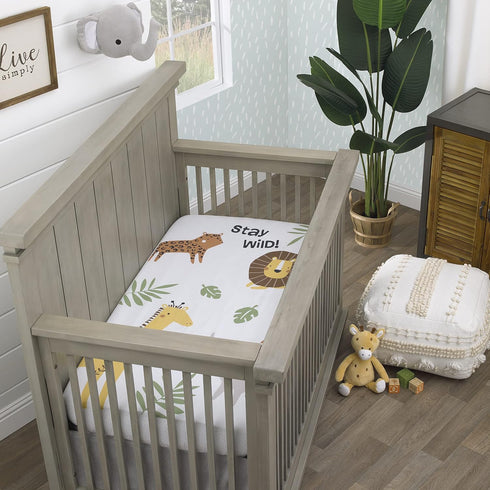 NoJo Jungle Trails Fitted Crib Sheet, 100% Cotton, White, Green, & Gold Animal Print with Leaves, Photo Op