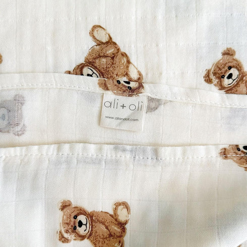 Cozy Ali+Oli Teddy Bear Swaddle & Burp Cloth Bundle Soft & Baby Essentials, Soft Rayon Made from Bamboo and Organic