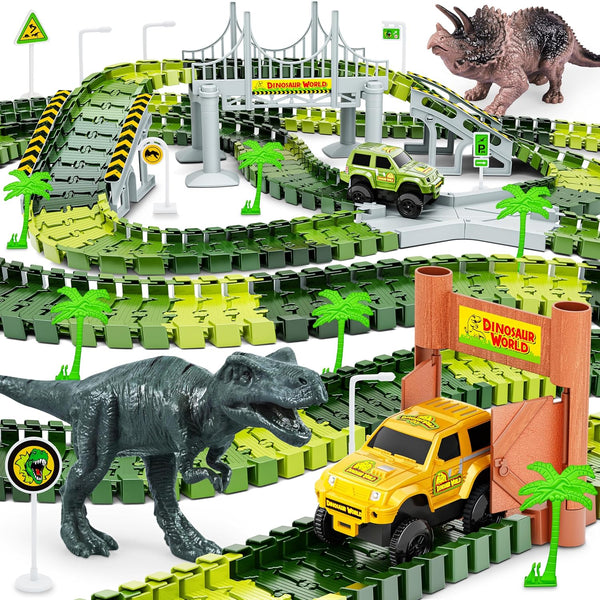 Dinosaur Tracks 271 PCS Set - Create a Dinosaur World Road Race with 2 Cars and 2 Dinosaur Toys for Ages 3-8