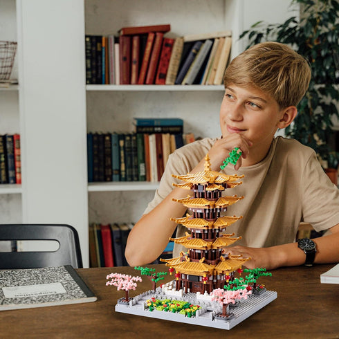 Set 14+ 2200 JXRLMB Chinese Ancient Famous Architecture Micro Building Blocks for Adults Yellow Crane Tower with Sakura