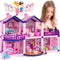 Dollhouse Toy for Little Girls with 2 Princesses, 4 Unicorns, Dog, Furniture, Accessories - Pink & Purple