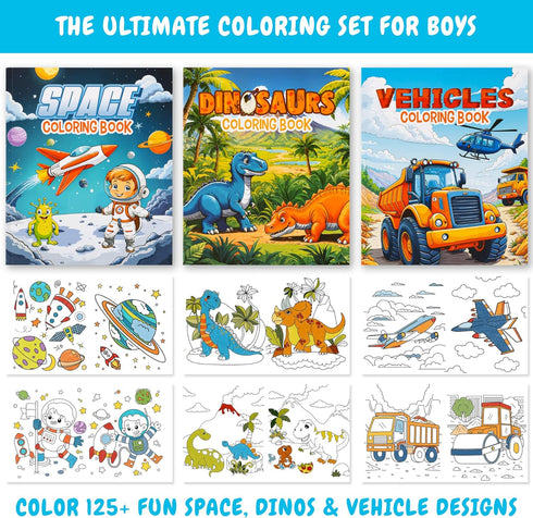 Set 3 48 ZICOTO Fun Coloring Books for Kids of Exciting Dinosaur, Space & Trucks Coloring Book for Boys Ages Easy