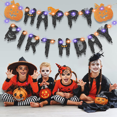 Halloween Happy Birthday Banner with Pumpkin Decorations, 8 Modes LED String Lights for 1st Kids Birthday Supplies