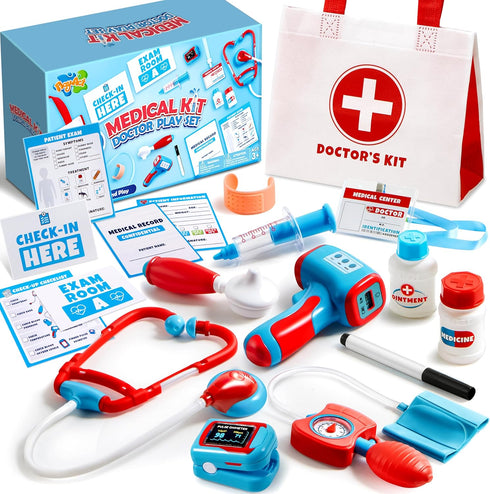 Kids Doctor Kit, 16-Piece Pretend Play Medical Kit with Bag, Realistic Toy Stethoscope, Dress Up Doctor Playset