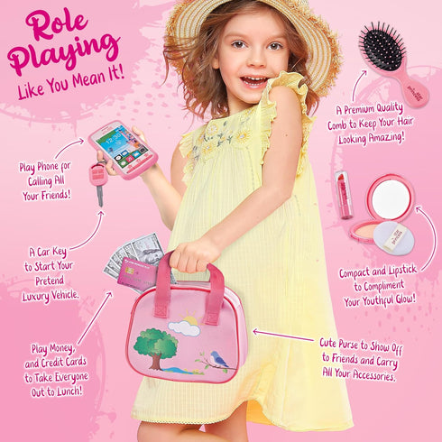 Toddler Play Purse for Kids with Accessories, Pretend Makeup, Keys, Smartphone, Dress Up Toy Purse