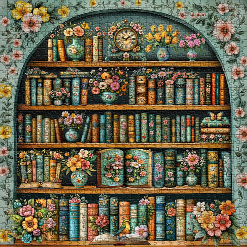 PICKFORU 1000 Vintage Bookshelf Puzzles for Adults Pieces, Flower Blooming Bookshelf Jigsaw Puzzle Library, Wildflower