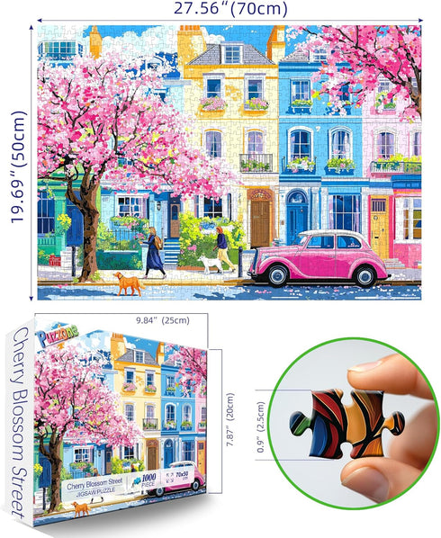 1000 (27.5" 19.7") Puzzles for Adults Pieces Urban Cherry Blossom Spring Street and Pink Vintage Car Art Jigsaw Puzzle