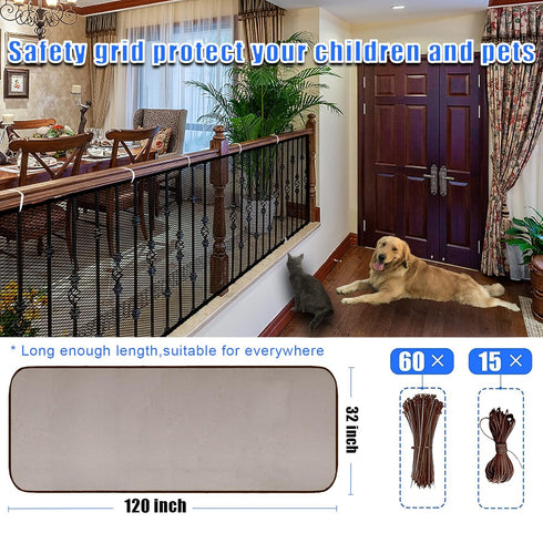 JIFTOK Baby Gate for Stairs, Banister Guard for Kids, Pets, Toys, 10ft L x 2.66 ft H, Mesh Netting Safety Net for Balcony Rail Stair, Stairway Net Baby Safety Products for Indoor & Outdoor (Brown)