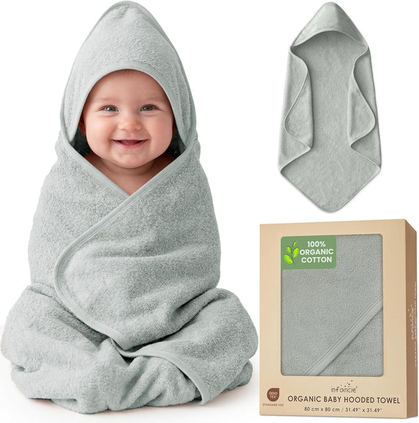 100% Organic Cotton Plush Woven Hooded Baby Bath Towels - Soft and
