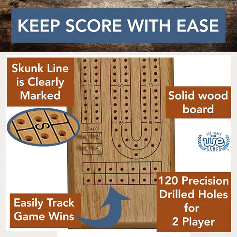 WE Games Classic Cribbage Board Set - 2 Track Solid Oak Wood with Metal Pegs, Family Games
