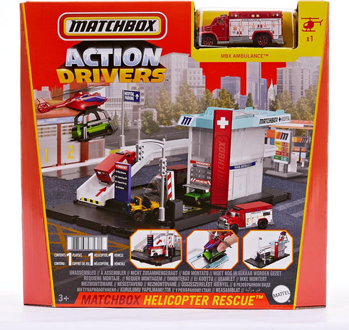 Matchbox Cars Playset - Action Drivers Helicopter Rescue & 1:64 Scale Toy Ambulance, Connects to Other Sets