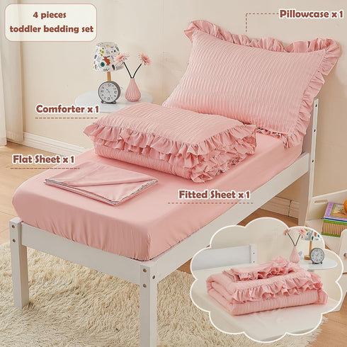 Cozyholy 4 Set Set Set Piece Textured Seersucker Toddler Bedding Girls Crib Sheets Pink Ruffle Baby Bed Comforter