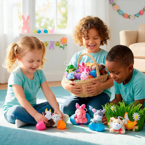 12 JOYIN Pcs Prefilled Easter Eggs with Plush Toys, Plastic Eggs Filled with Mini Stuffed Plush Toys, Basket Stuffers