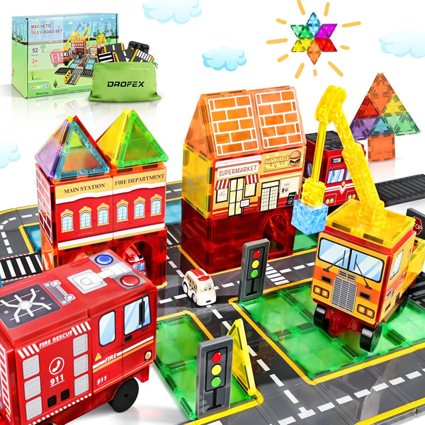 52pcs Magnetic Tiles Road Set - Fire Truck and Magnetic Crane, Creative Construction Toys for Ages 3-12