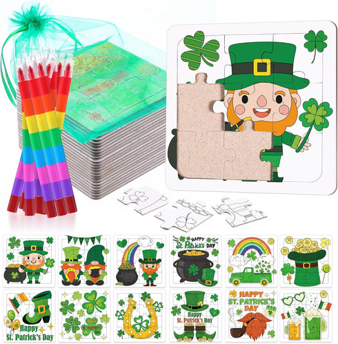 Fullhawl 24 Sets St. Patrick's Day Puzzles Color Your Own Puzzles DIY Jigsaw