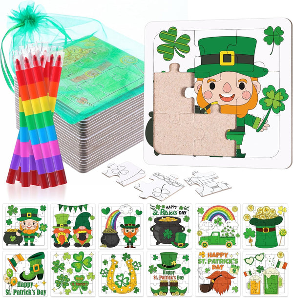 Fullhawl 24 Sets St. Patrick's Day Puzzles Color Your Own Puzzles DIY Jigsaw