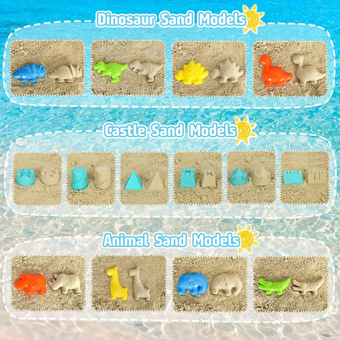 Beach Toys, Dinosaur Sand Toys with Dump Truck, Collapsible Beach Bucket, Shovel, Rake, and Sand Castle Molds