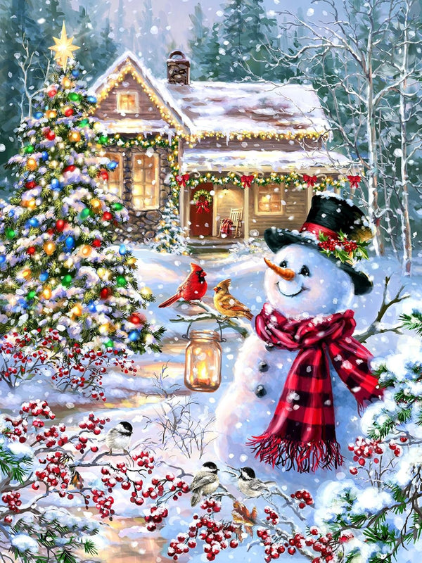 Springbok Cottage in The Snow 1000 Piece Jigsaw Puzzle, Holiday Winter Scene with Snowman and Cardinals