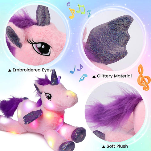 16'' Hopearl LED Musical Stuffed Unicorn Light up Singing Plush Toy Adjustable Volume Lullaby Animated Soothe Birthday