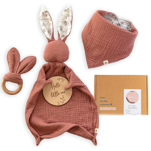 Mikito (2Pcs) Set, Organic Cotton Newborn Gifts Box, Baby Gifts Unisex incl. Muslin Baby Lovey Comforter + Baby Bandana