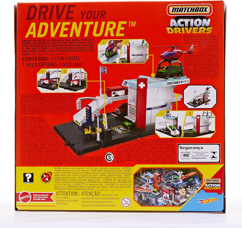 Matchbox Cars Playset - Action Drivers Helicopter Rescue & 1:64 Scale Toy Ambulance, Connects to Other Sets