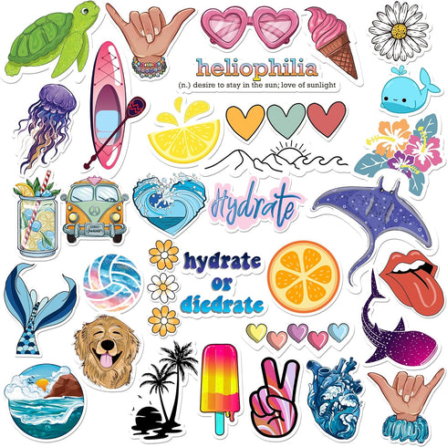 125 pcs Hydroflask Stickers, Ocean Beach Themed for Laptop, Water Bottle, Waterproof VSCO Girl Stuff