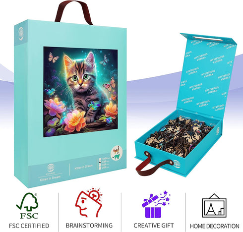 Wooden Puzzles - Kitten in Dream 200 Piece Wooden Jigsaw Puzzle, Unique Luxurious Gift for Adults and Kids