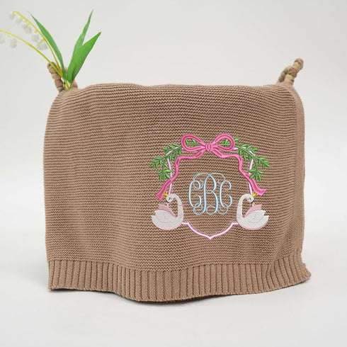 Personalized Floral Swan Baby Girl Blanket with Monogram Embroidery, Custom Name Knit Blanket, Elegant Nursery Decor