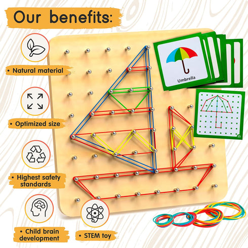 Panda Brothers Wooden Geoboard - Montessori Educational Toy with 30 Pattern Cards and 40 Rubber Bands for 3 4 5 Year