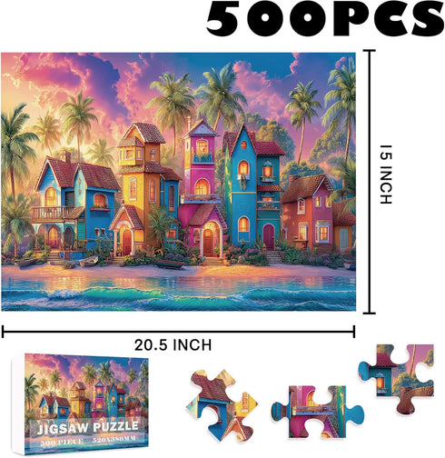 Xovnio 500 Summer Beach Puzzles for Adults Piece, Panoramic Cottage Seaside Romantic Art Jigsaw Puzzle, Beach Ocean