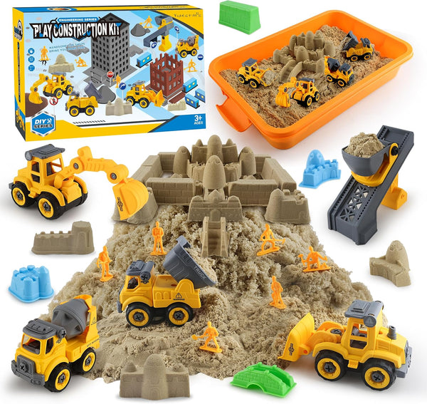 YIDESTARS Construction Sandbox with Lid - 4 Vehicles with 1 Conveyor, 8 Castle