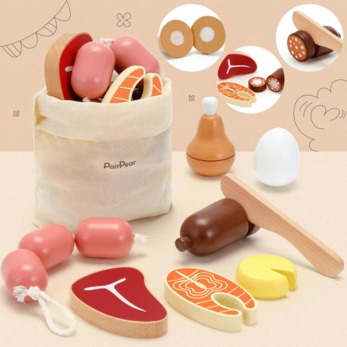 Sets Set 3+ PairPear Wooden Toys Play Food for Kids Kitchen, Kids Toy Food Cutting Meat for Toddlers Years Old, Pretend