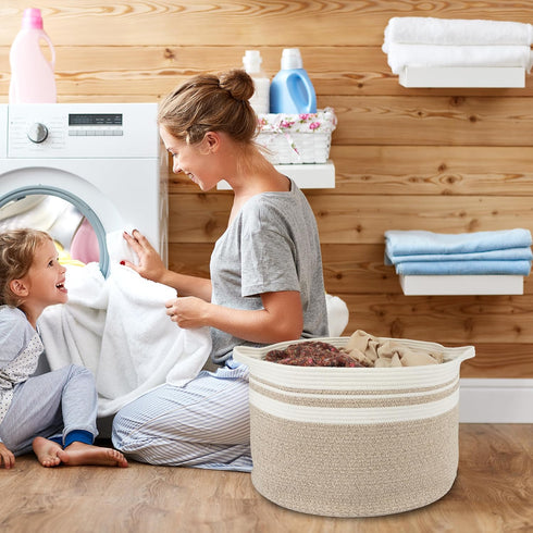 Large Cotton Rope Basket for Blankets, 22"x14" Toy Basket for Kids, Woven Laundry Basket for Clothes, Round White Brown