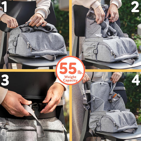 2-in-1 Backpack 5-Point 55 lbs 9+ Nuby Easy Go Booster Seat with Safety Harness - Portable Travel Highchair - Holds Up