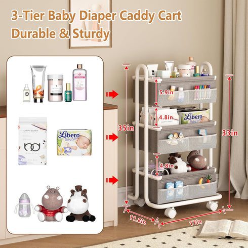 Wennop 3-Tier 3 6 Baby Diaper Caddy Organizer Cart, Mobile Nursery Storage Carts with Wheels, Dividers & Mesh Pockets