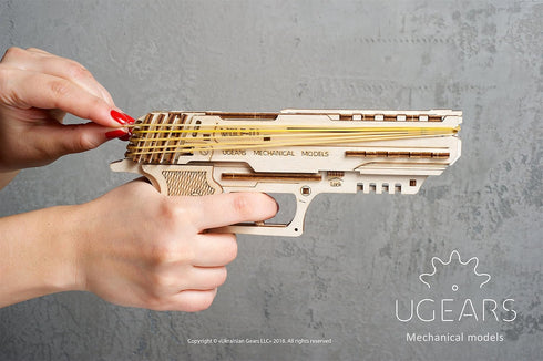 Wolf-01 3D Set UGEARS Handgun Wooden Puzzles for Adults - Wooden Model Kits for Adults Rubber Space Band Handguns