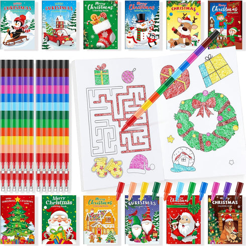 BenLouis 24 Christmas Mini Coloring Books Kids with 24 Stacking Crayons Xmas