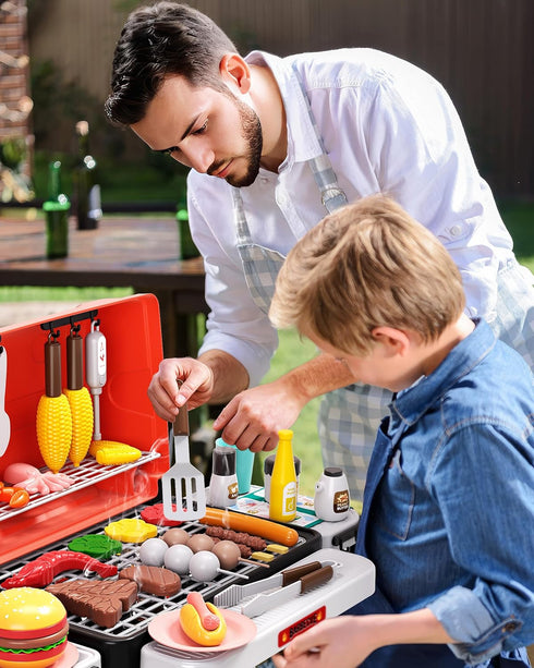 STACTCUTE 60pcs Playset Set 4-8, 4 5 6 7 8 Kids BBQ Grill Kitchen with Sound & Smoke, Play Toy Grill for Kids Ages