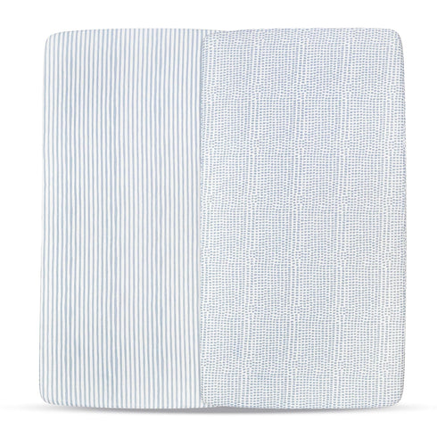 Ely’s & Co. Waterproof Crib Toddler Bed Sheet 2-Pack Set for Baby Boy - 100% Cotton, Misty Blue Stripes
