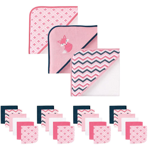 Luvable Friends Baby Hooded Towel and Washcloth Set, 27 Piece, Pink Fox