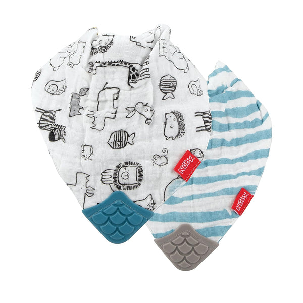 Nuby 100% Natural Cotton Muslin Bib, 2-Pack, Bib with Teething Corner, 3+ Months, Zoo