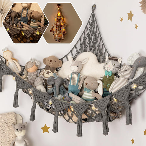 Macrame DreamLights Boho Stuffed Animal Storage Net, Extra Large Plush Gray Toy Storage Holder for Plushies