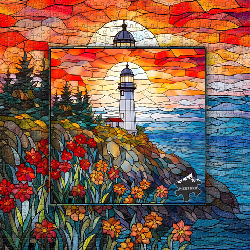 Stained Glass Lighthouse 1000 Piece Puzzles for Adults, Mosaic Beach Scenic Jigsaw
