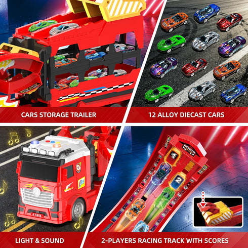 BuddyBight 3in1 45-Inch 4-8 w/12 2-4 3+ Carrier Truck with Foldable Race Track, Toy Trucks for Kids Ages Metal Diecast